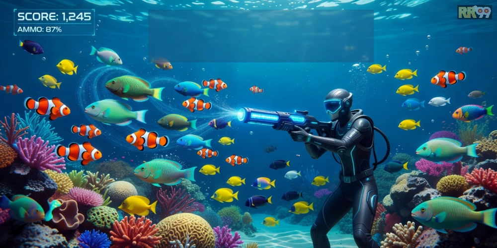 Hình minh họa giao diện bắn cá online rr99 với cá đa sắc màu và súng bắn