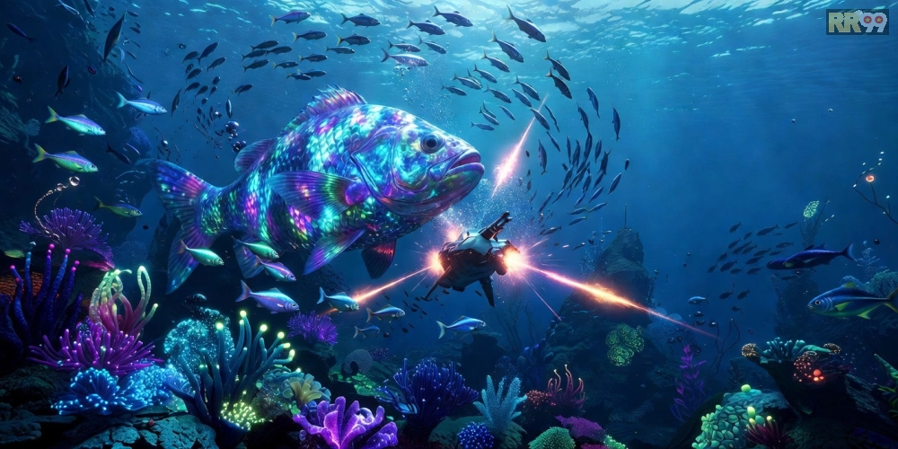 Hình ảnh cảnh săn cá đại dương trong game rr99 với boss cá lớn