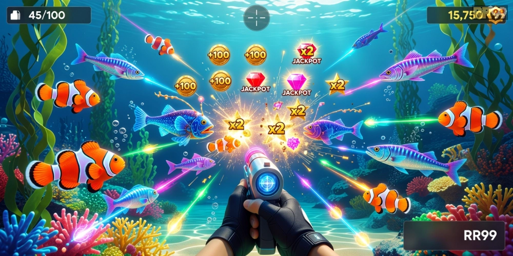 Hình ảnh gameplay bắn cá sun88 trên nền tảng rr99 với hiệu ứng nổ tung cá đầy kịch tính