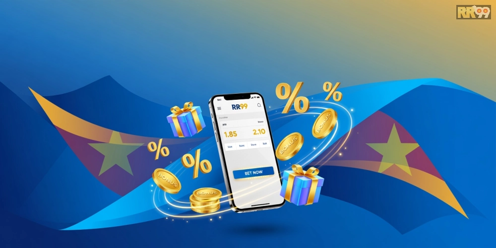 Minh họa khái niệm chương trình khuyến mãi rr99 với các biểu tượng bonus và người chơi thành công