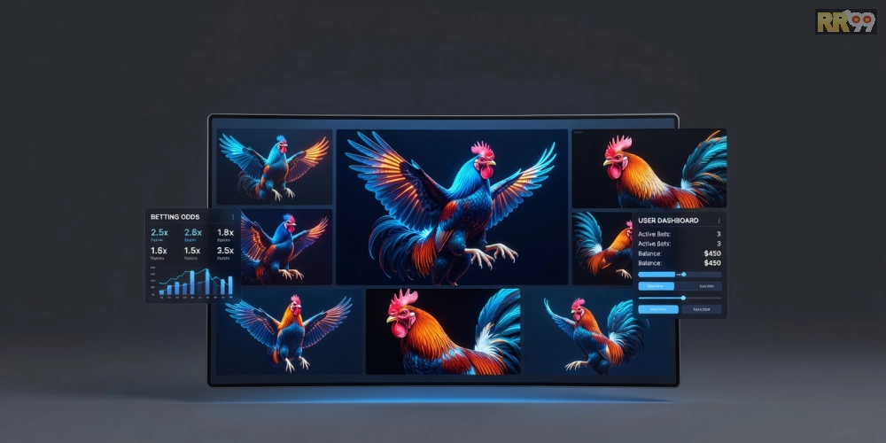 Minh họa khái niệm đá gà chọi rr99 với giao diện nền tảng hiện đại