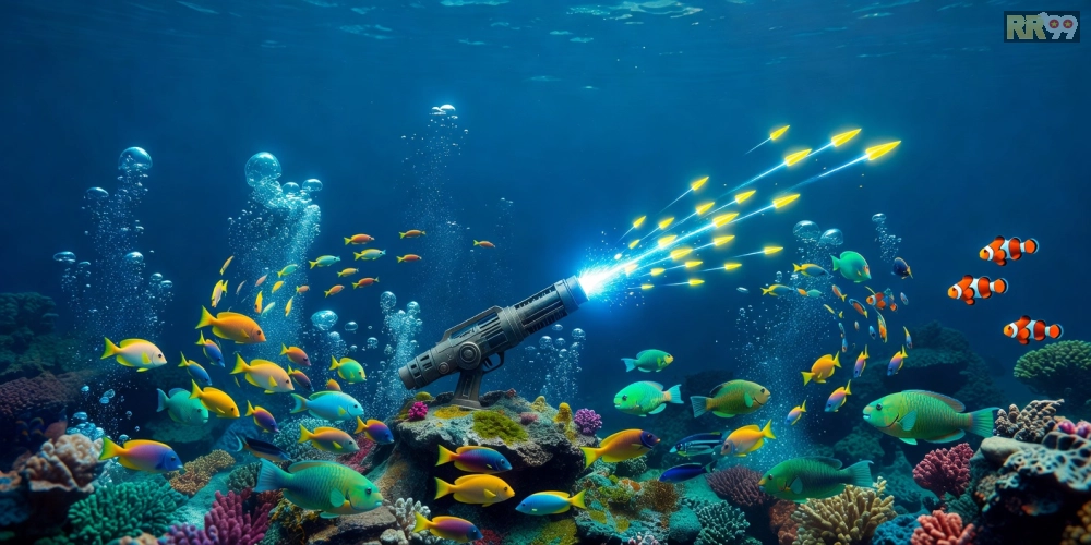 Hình minh họa giao diện game bắn cá rr99 với cá đa dạng và súng bắn