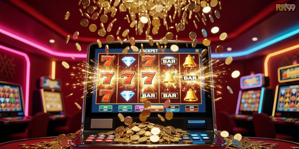 Hình minh họa khái niệm nổ hũ đổi thưởng RR99 với jackpot bùng nổ hấp dẫn