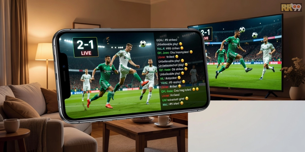 Hình ảnh giới thiệu nền tảng RR99SportsLive với các trận đấu thể thao đang livestream sôi động trên màn hình lớn