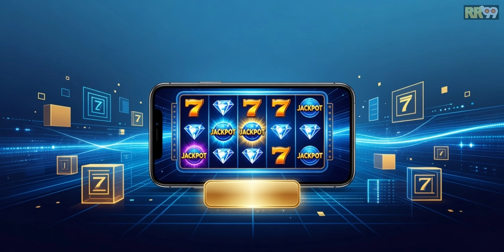 Minh họa khái niệm tải game nổ hũ rr99 với giao diện slot hiện đại