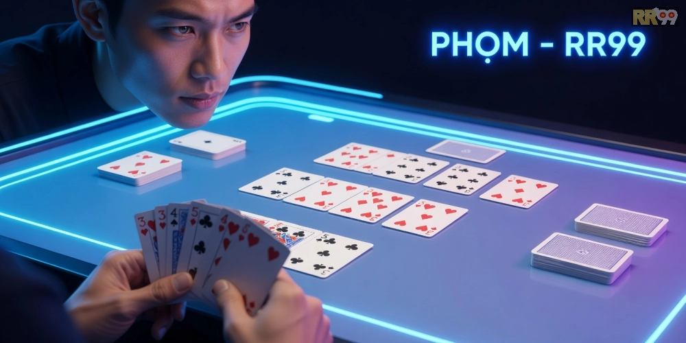 Caption tiếng Việt ngắn gọn 8–16 từ: Minh họa giao diện chơi Phỏm trên ứng dụng RR99 với phần thưởng hấp dẫn